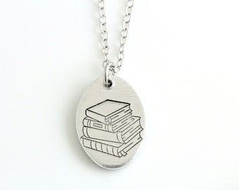 Book Lover Necklace, Silver Oval Necklace, Gift for Readers