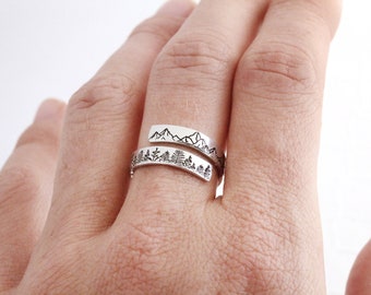 Mountain Landscape Wrap Ring, Hiking Adventure Jewelry, Hand Stamped Nature Ring