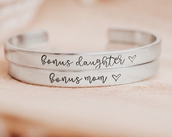 Bonus Mom or Bonus Daughter Adjustable Cuff Bracelet, Gift from Stepmother, Gift from Stepdaughter