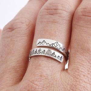 Forest Mountain Wrap Ring, Gift for Nature Lover, Adjustable Hypoallergenic Silver Ring