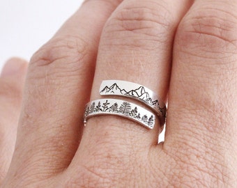 Forest Mountain Wrap Ring, Gift for Nature Lover, Adjustable Hypoallergenic Silver Ring