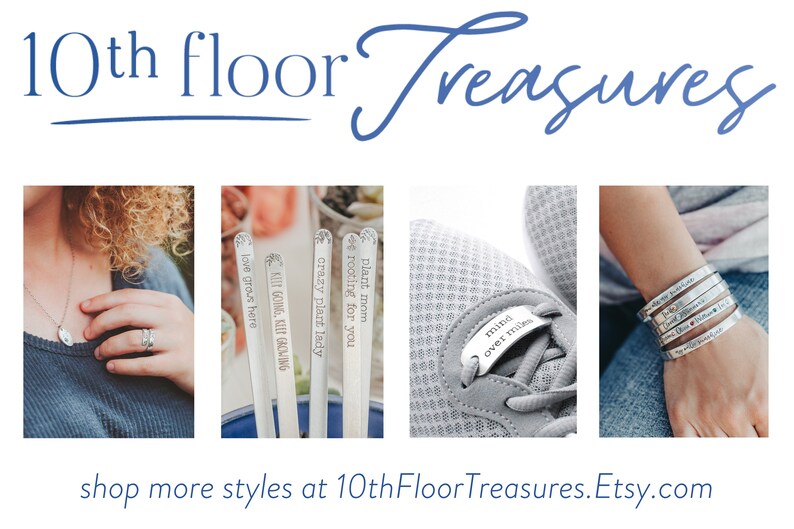 May include: Assortment of personalized silver jewelry, including necklaces, bracelets, and shoe charms. The jewelry features engraved messages such as "love grows here", "mind over miles", and "crazy plant lady".