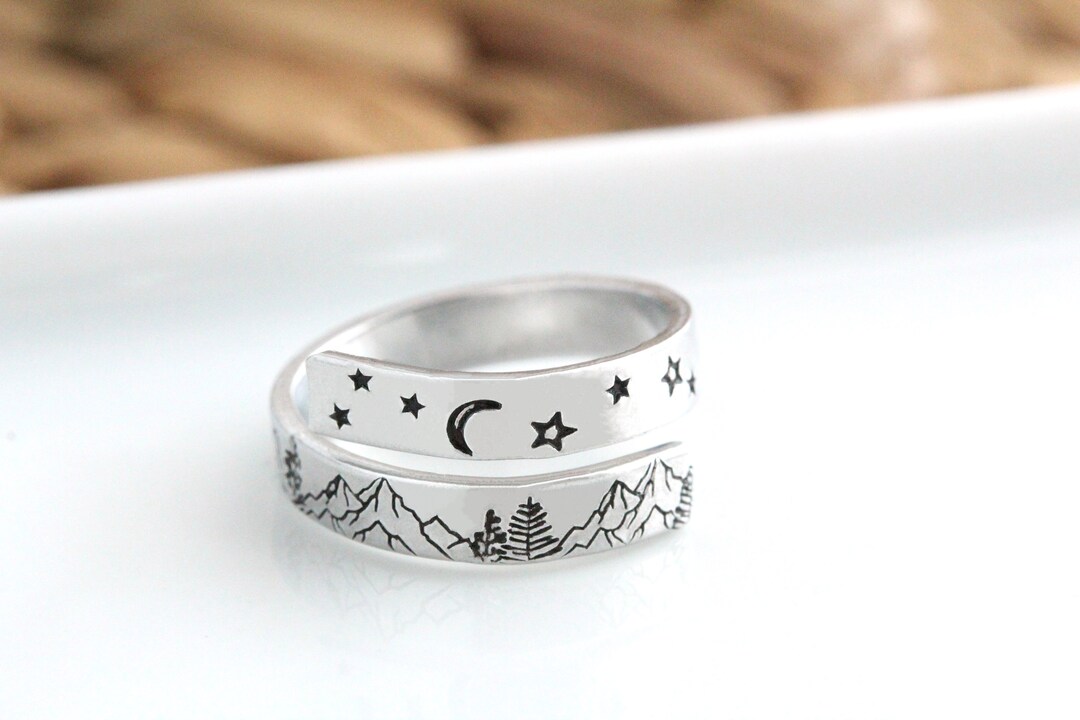 Mountain Landscape Wrap Ring, Hiking Adventure Jewelry, Hand Stamped ...