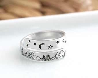 Mountain Landscape Wrap Ring, Hiking Adventure Jewelry, Hand Stamped Nature Ring