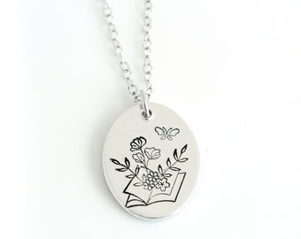 Floral Book Lover Necklace, Silver Oval Necklace, Gift for Readers