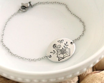 Floral Book Lover Bracelet, Silver Oval Bracelet, Gift for Readers