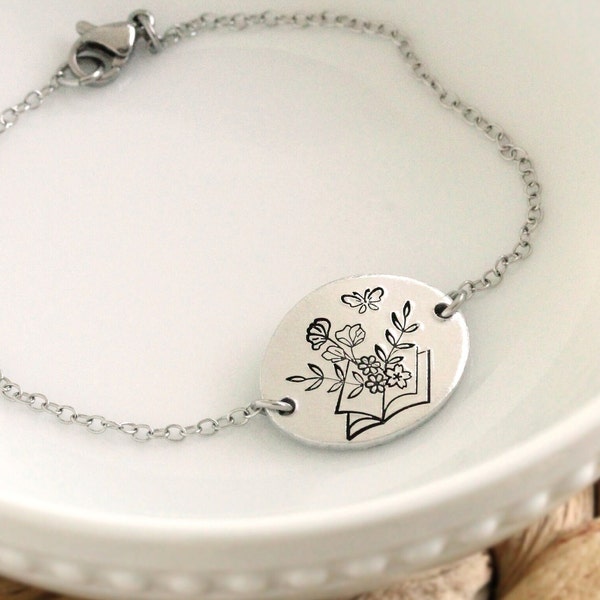 Floral Book Lover Bracelet, Silver Oval Bracelet, Gift for Readers