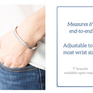 May include: Silver bracelet with the inscription "Alama Leat" engraved on it. The bracelet measures 6 inches end-to-end and is adjustable to fit most wrist sizes. A 7 inch bracelet is available upon request.