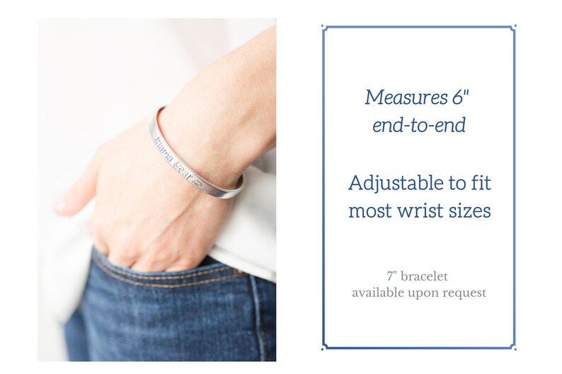 May include: Silver bracelet with the inscription "Alama Leat" engraved on it. The bracelet measures 6 inches end-to-end and is adjustable to fit most wrist sizes. A 7 inch bracelet is available upon request.