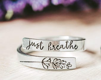 Just Breathe Ring with Lavender, Hand Stamped Adjustable Wrap Ring
