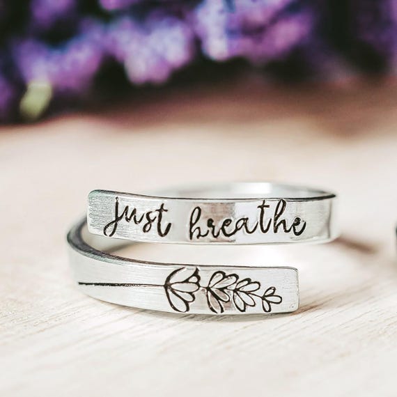 Just Breathe Ring with Lavender, Hand Stamped Adjustable Wrap Ring