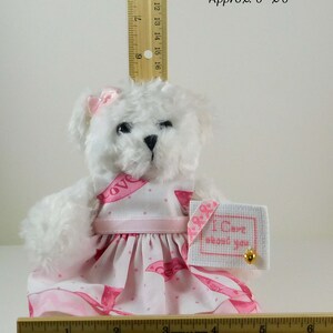 White Teddy Bear in Pink Ribbon dress, Gift for Breast Cancer Patient with cross-stitched message, Encouragement Gift for Her image 2