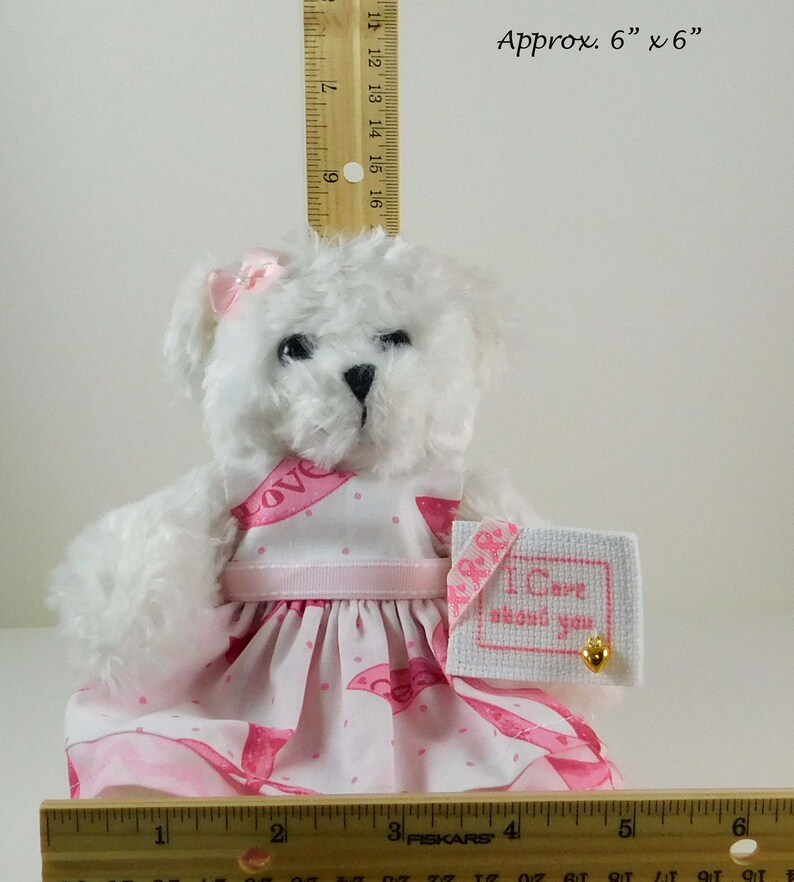 White Teddy Bear in Pink Ribbon dress, Gift for Breast Cancer Patient with cross-stitched message, Encouragement Gift for Her image 2