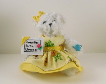 Gift for Woman who loves Gardening, Gift for Gardener on Mother’s Day, White Plush Teddy Bear Gift, She's a Gardener in Yellow Dress