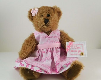 Gift for Breast Cancer Patient, Teddy Bear in Pink Ribbon dress with cross-stitched message, Encouragement Gift for Her