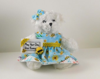 Sunshine Gift with Bees and Daisies, May Your Day Bee Sunny Message, Encouraging and Uplifting Gift with White Plush Bear