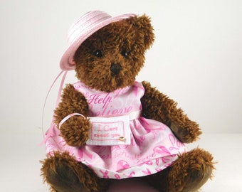 Gift for Breast Cancer Patient, Brown Teddy Bear in Pink Ribbon dress with cross-stitched message, Encouragement Gift for Her