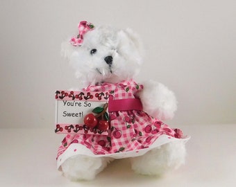 So Sweet Gift for Woman, Fruit Decoration with Dressed Teddy Bear, You're So Sweet Gift for Mom or Friend, Cherry Fruit Decor
