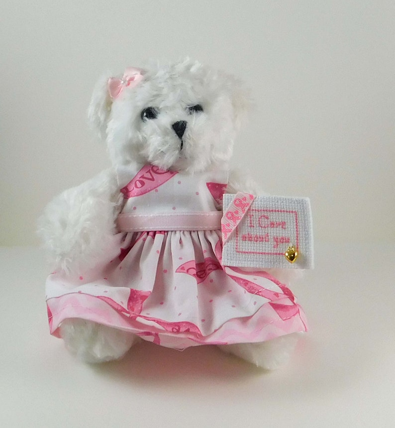 White Teddy Bear in Pink Ribbon dress, Gift for Breast Cancer Patient with cross-stitched message, Encouragement Gift for Her image 3