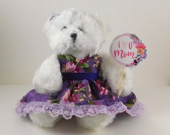 Best Mom Ever Gift, Mother's Day Gift from Daughter,  White Teddy Bear Gift for Mom on Mother's Day, Floral Gift for Mom
