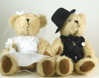 Wedding Gift Idea for Bride and Groom, Beige Wedding Teddy Bears for Newlywed Couple,  Groom in Vest and Hat