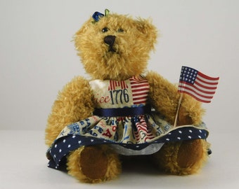 Fourth of July Décor with American Flag for Holiday Décor, Patriotic Gift and Decoration for Living Room, Dressed Golden Brown Plush Bear