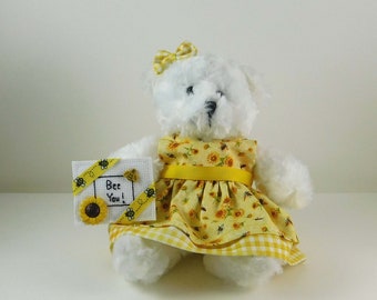 Bee You Uplifting Gift with White Plush Bear, Be Yourself Encouragement Gift, Sunflower Gifts for Women, Sunflower Home Decor, White Bear