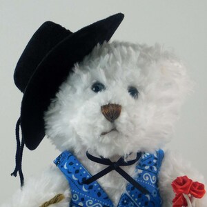 Western Décor Cowboy Gift for Valentine's Day, Dressed White Plush Bear in Blue Vest, Western Bear for Collectors of Western Themed Items image 3