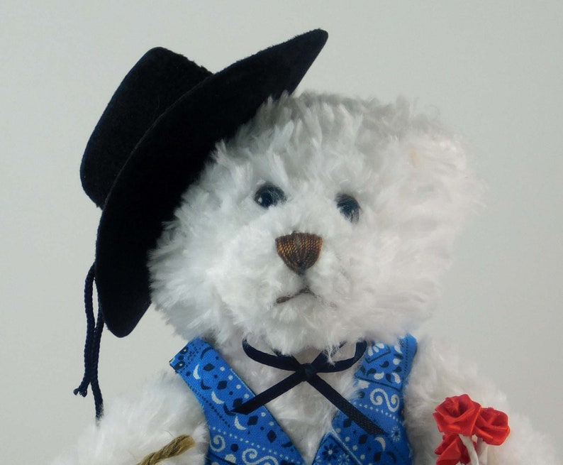 Western Décor Cowboy Gift for Valentine's Day, Dressed White Plush Bear in Blue Vest, Western Bear for Collectors of Western Themed Items image 3