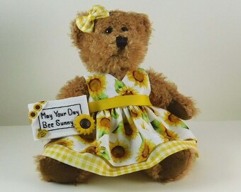 May Your Day Be Sunny, Sunflower Decoration with Dressed Teddy Bear, Uplifting Gift for Mom or Friend, Sunflower Decor with Brown Plushie