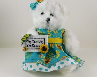 Sunflower Gift in Teal, May Your Day Bee Sunny Message, Encouraging and Uplifting Gift with White Plush Bear