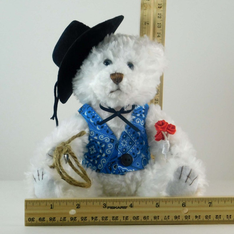 Western Décor Cowboy Gift for Valentine's Day, Dressed White Plush Bear in Blue Vest, Western Bear for Collectors of Western Themed Items image 5