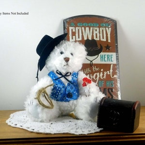 Western Décor Cowboy Gift for Valentine's Day, Dressed White Plush Bear in Blue Vest, Western Bear for Collectors of Western Themed Items image 6