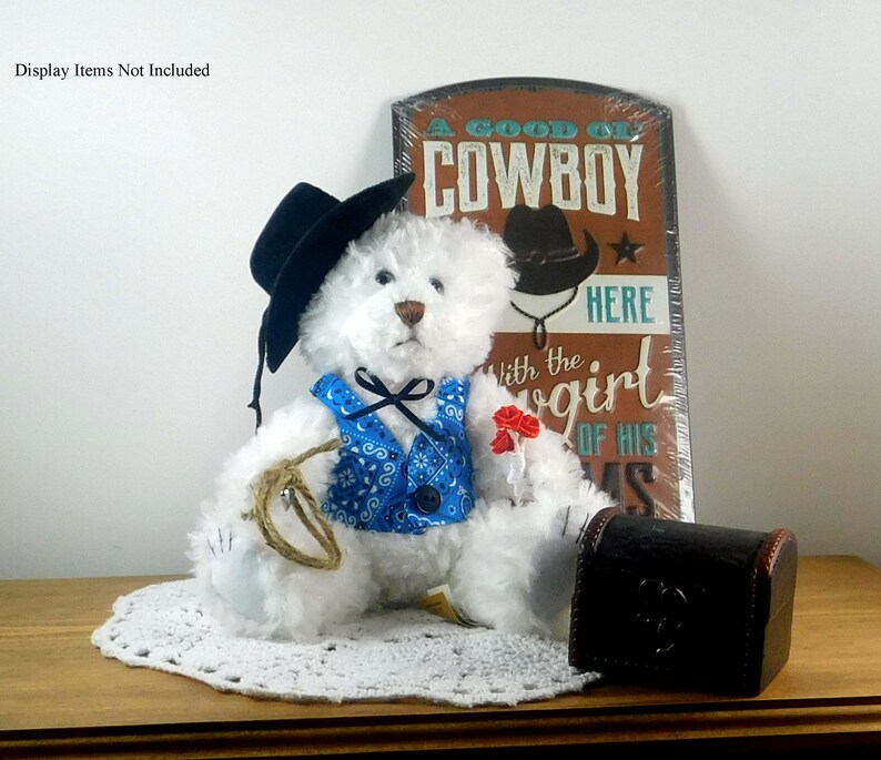 Western Décor Cowboy Gift for Valentine's Day, Dressed White Plush Bear in Blue Vest, Western Bear for Collectors of Western Themed Items image 6