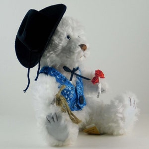 Western Décor Cowboy Gift for Valentine's Day, Dressed White Plush Bear in Blue Vest, Western Bear for Collectors of Western Themed Items image 4