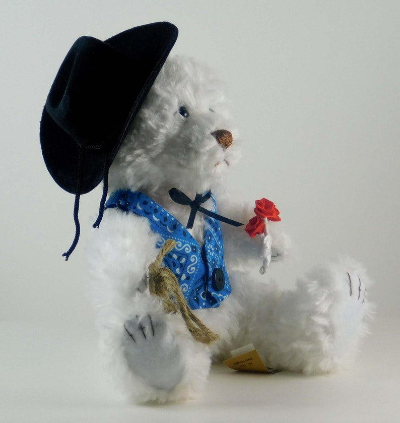 Western Décor Cowboy Gift for Valentine's Day, Dressed White Plush Bear in Blue Vest, Western Bear for Collectors of Western Themed Items image 4