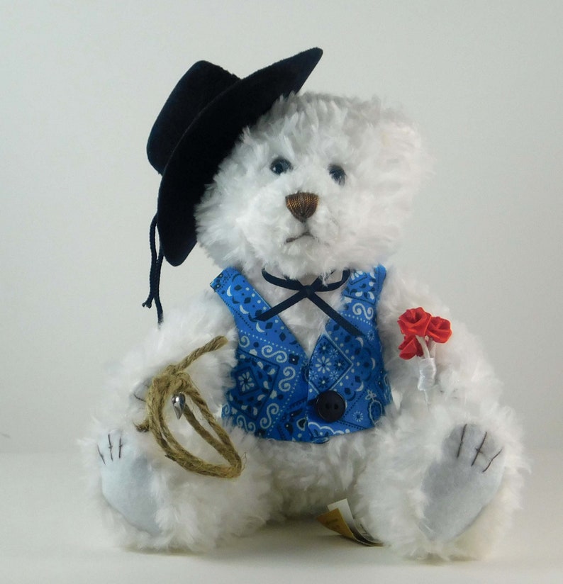 Western Décor Cowboy Gift for Valentine's Day, Dressed White Plush Bear in Blue Vest, Western Bear for Collectors of Western Themed Items image 2