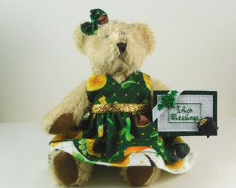 St Patrick Day Beige Teddy Bear Decoration,  Irish Blessings Shamrock Decor, Irish Bear Holiday Décor or Gift, St Paddy Day