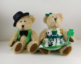 Irish Home Décor, Luck of the Irish for St. Paddy's Day, St Patricks Day Beige Dressed Bears in Shamrocks, Holiday Party Décor or Gift