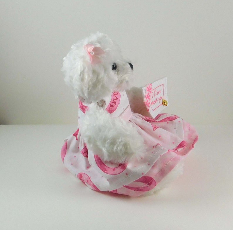 White Teddy Bear in Pink Ribbon dress, Gift for Breast Cancer Patient with cross-stitched message, Encouragement Gift for Her image 6