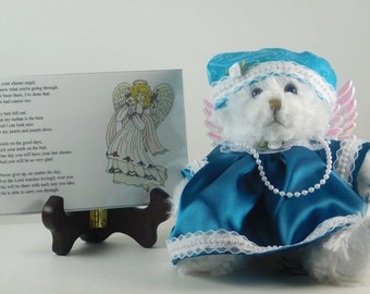 Ovarian Cancer Patient Gift, White Teddy Bear Angel in Teal, Encouragement Gift for Woman with Inspirational Poem, Chemotherapy Gift