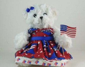 July 4th Holiday Décor in Red White and Blue Patriotic Decoration,  Americana Dressed Plush White Bear, Patriotic Gift and Living Room Decor