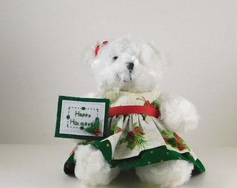 Happy Holidays Christmas Teddy Bear Decor, Festive Holiday Bear Decoration, White Plush Christmas Themed Bear