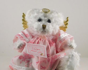 Gift for Breast Cancer Patient, Teddy Bear Angel in Pink Ribbon dress with cross-stitched message, Encouragement Gift for Her