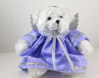 Christmas Teddy Bear Angel in Purple Dress, White Plush Bear Christmas Gift Idea for Mom Coworker or Friends, Christmas Decor for the Home