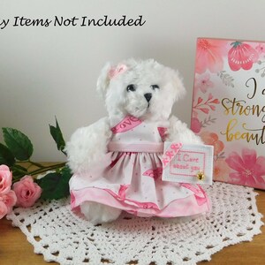 White Teddy Bear in Pink Ribbon dress, Gift for Breast Cancer Patient with cross-stitched message, Encouragement Gift for Her image 7