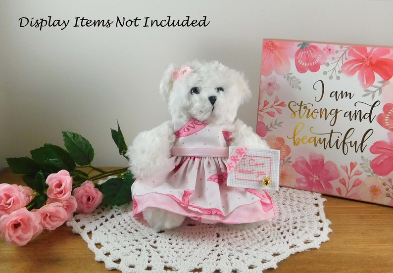 White Teddy Bear in Pink Ribbon dress, Gift for Breast Cancer Patient with cross-stitched message, Encouragement Gift for Her image 7