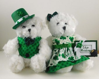 St Patricks Day Décor, Dressed Bears in Shamrocks and Checks Fabric, Irish Blessings Home Décor,  Shamrock Gifts for St. Paddy's Day