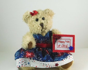 Fourth of July Decorations Beige Plush Bear, Patriotic Fireworks Gift and Holiday Décor for your Living Room,  Country Décor for your Home