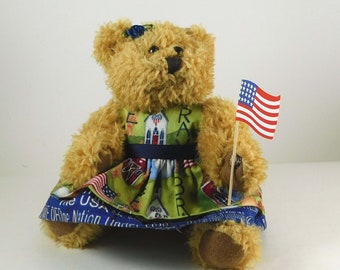 Patriotic Décor Golden Brown Teddy Bear with Flag, 4th of July Americana Country Home Décor, Patriotic Flag Decor